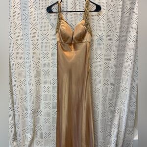 Vintage Cache Tan and gold sequin/ beaded maxi dress with open back